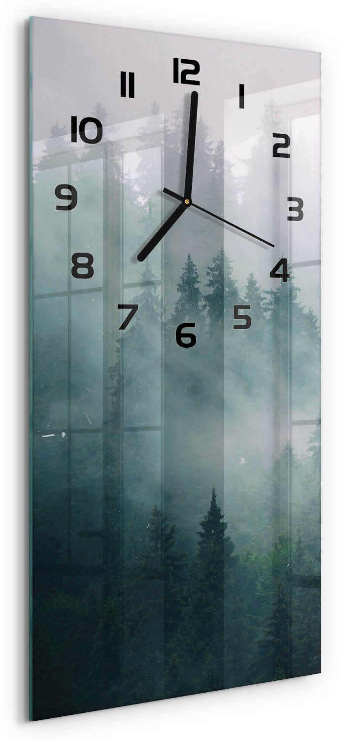 Tulup Wandklok - Mist boven het bos Glazen Klok Met Print - 30x60 cm - Grijs Wandklok Glas Met Motief - Zwarte handen - Rechthoekige Klok - Wandklok Glas Decoratie - Gekleurde Glazen Klok