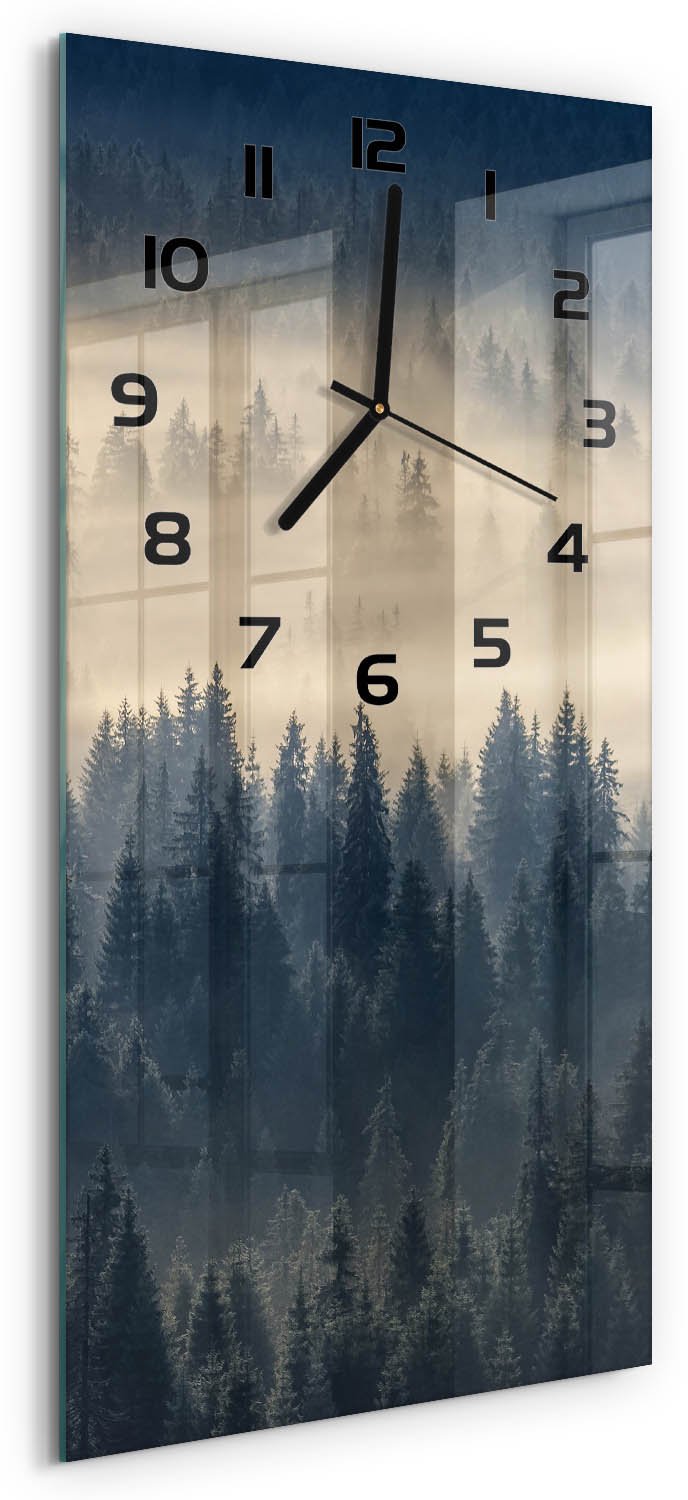 Tulup Wandklok - Mist boven het bos Klok Glas Met Opdruk - 30x60 cm - Grijs Moderne Wandklok Glas - Zwarte handen - Rechthoekige Klok - Decoratieve Glazen Klok - Glazen Wandklok Design