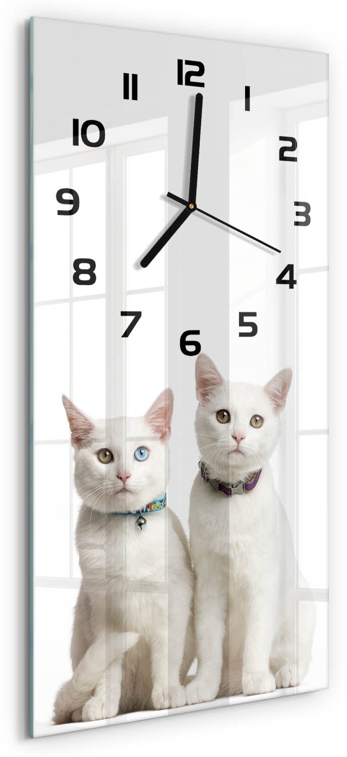 Tulup Wandklok - Witte katten Klok Glas Met Opdruk - 30x60 cm - Wit Moderne Wandklok Glas - Zwarte handen - Rechthoekige Klok - Decoratieve Glazen Klok - Glazen Wandklok Design