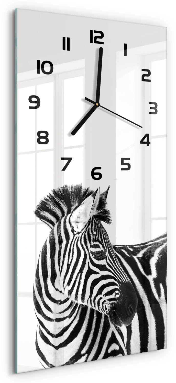 Tulup Wandklok - Zebra in de sneeuw Glazen Wandklok Design - 30x60 cm - Zwart-wit Klok Glas Met Opdruk - Zwarte handen - Rechthoekige Klok - Wandklok Glas Met Motief - Decoratieve Glazen Klok
