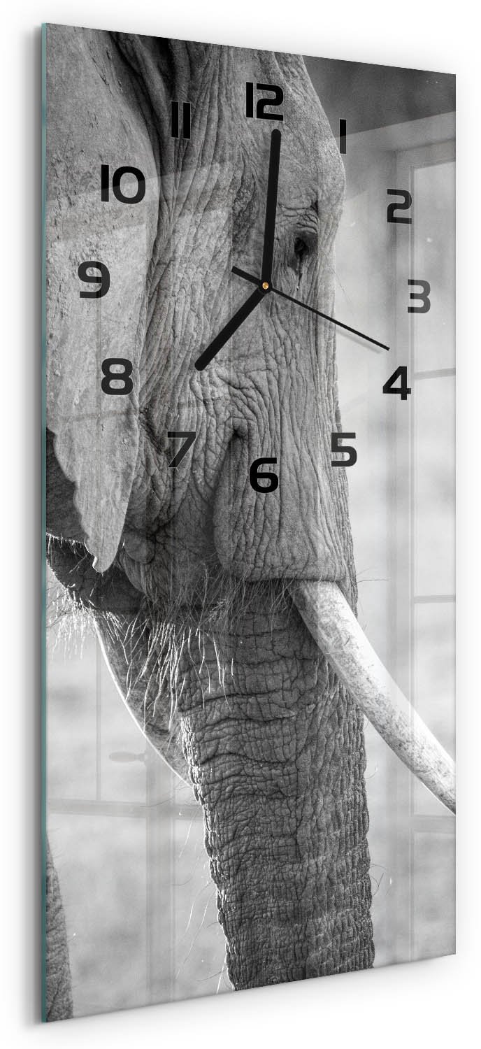 Tulup Wandklok - Olifant Glazen Klok Met Print - 30x60 cm - Zwart-wit Wandklok Glas Met Motief - Zwarte handen - Rechthoekige Klok - Wandklok Glas Decoratie - Gekleurde Glazen Klok