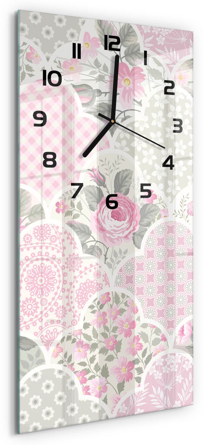Tulup Wandklok - Rozen Wandklok Glas Met Motief - 30x60 cm - Roze Decoratieve Glazen Klok - Zwarte handen - Rechthoekige Klok - Gekleurde Glazen Klok - Glazen Klok Met Print