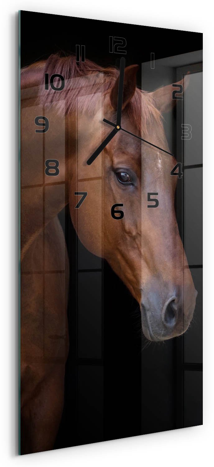 Tulup Wandklok - Bruin Paard Klok Glas Met Opdruk - 30x60 cm - Bruin Moderne Wandklok Glas - Zwarte handen - Rechthoekige Klok - Decoratieve Glazen Klok - Glazen Wandklok Design