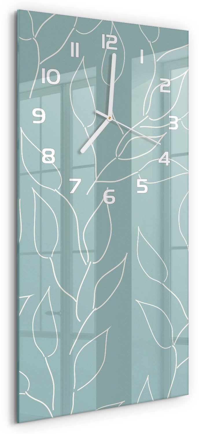 Tulup Wandklok - Bladeren Wandklok Glas Decoratie - 30x60 cm - Blauw Gekleurde Glazen Klok - Witte handen - Rechthoekige Klok - Klok Glas Met Opdruk - Moderne Wandklok Glas