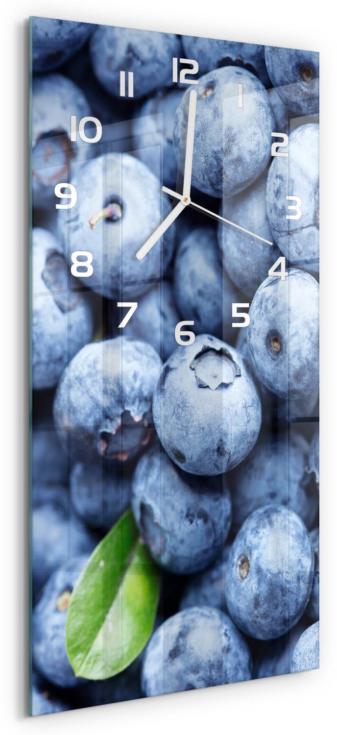Tulup Wandklok - Bosbessen Wandklok Glas Decoratie - 30x60 cm - Blauw Gekleurde Glazen Klok - Witte handen - Rechthoekige Klok - Klok Glas Met Opdruk - Moderne Wandklok Glas