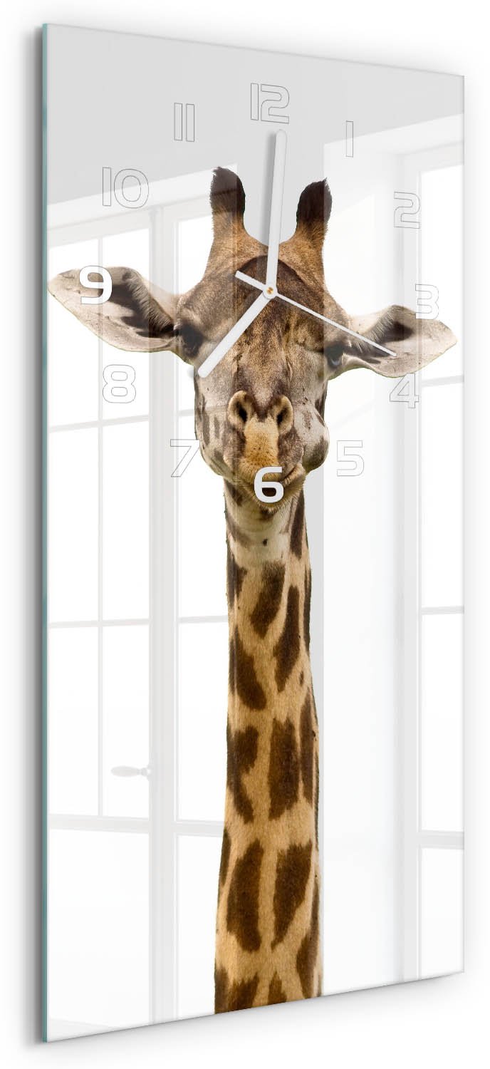 Tulup Wandklok - Giraffe Wandklok Glas Decoratie - 30x60 cm - Bruin Gekleurde Glazen Klok - Witte handen - Rechthoekige Klok - Klok Glas Met Opdruk - Moderne Wandklok Glas