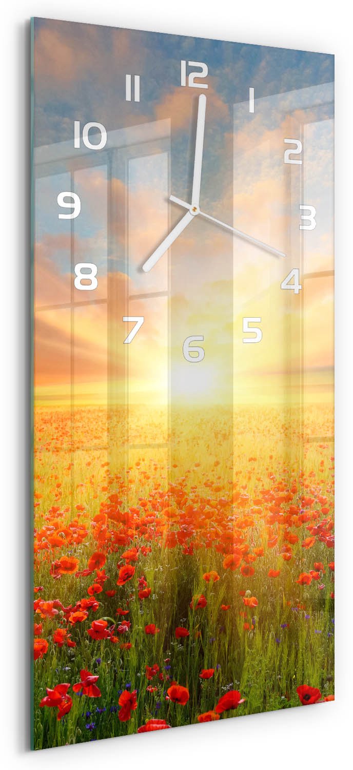 Tulup Wandklok - Klaproosveld Moderne Wandklok Glas - 30x60 cm - Geel Wandklok Glas Decoratie - Witte handen - Rechthoekige Klok - Glazen Wandklok Design - Klok Glas Met Opdruk