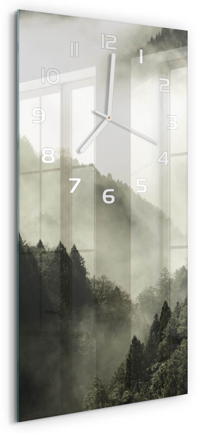 Tulup Wandklok - Mist boven het bos Moderne Wandklok Glas - 30x60 cm - Zwart-wit Wandklok Glas Decoratie - Witte handen - Rechthoekige Klok - Glazen Wandklok Design - Klok Glas Met Opdruk