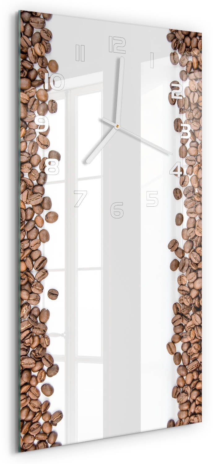 Tulup Wandklok - Koffiebonen Decoratieve Glazen Klok - 30x60 cm - Bruin Glazen Wandklok Design - Witte handen - Rechthoekige Klok - Glazen Klok Met Print - Wandklok Glas Met Motief