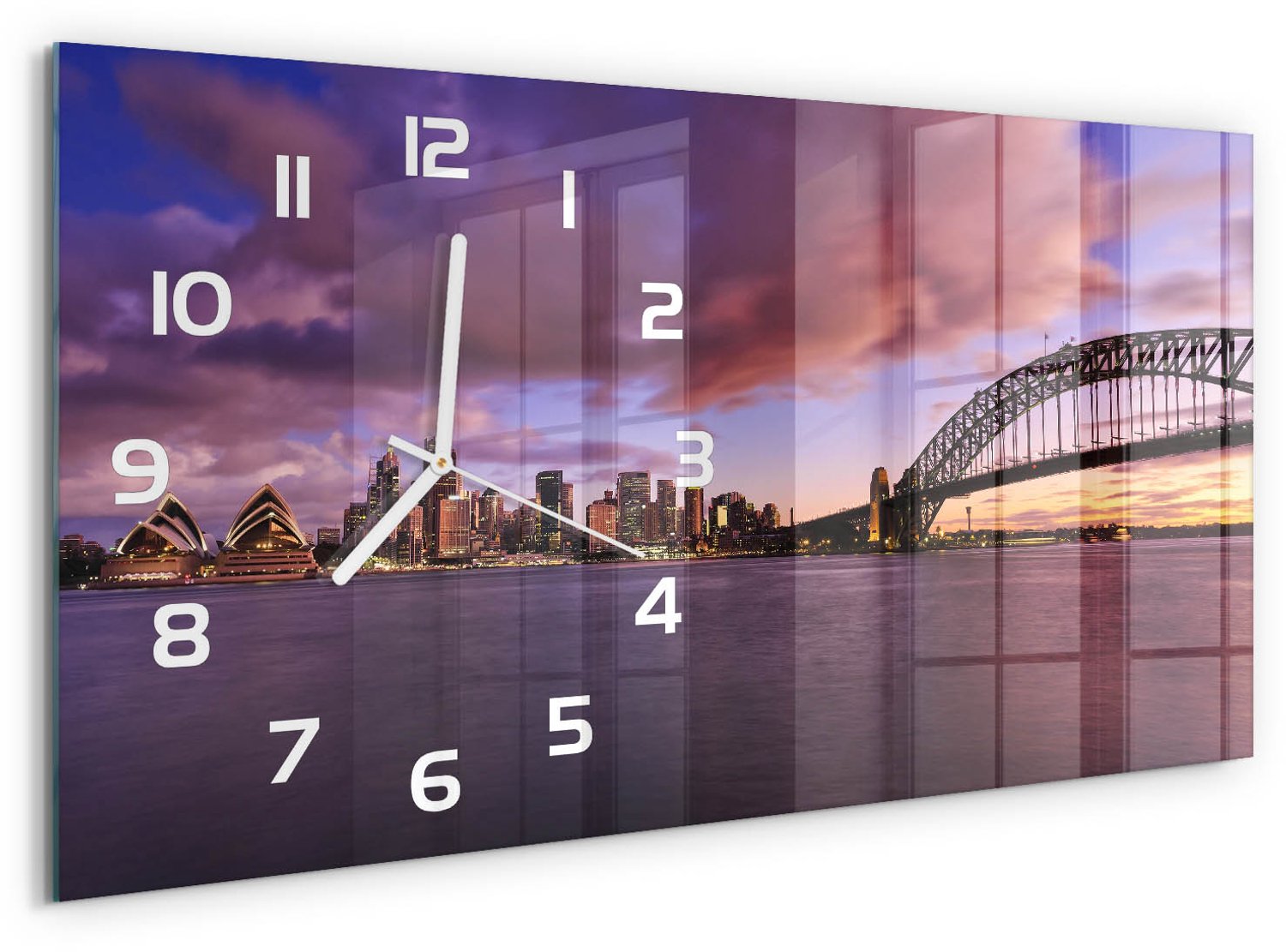 TULUP Wandklok - Sydney Bridge Moderne Wandklok Glas - 60x30 cm - Geel Wandklok Glas Decoratie - Witte handen - Rechthoekige Klok - Glazen Wandklok Design - Klok Glas Met Opdruk