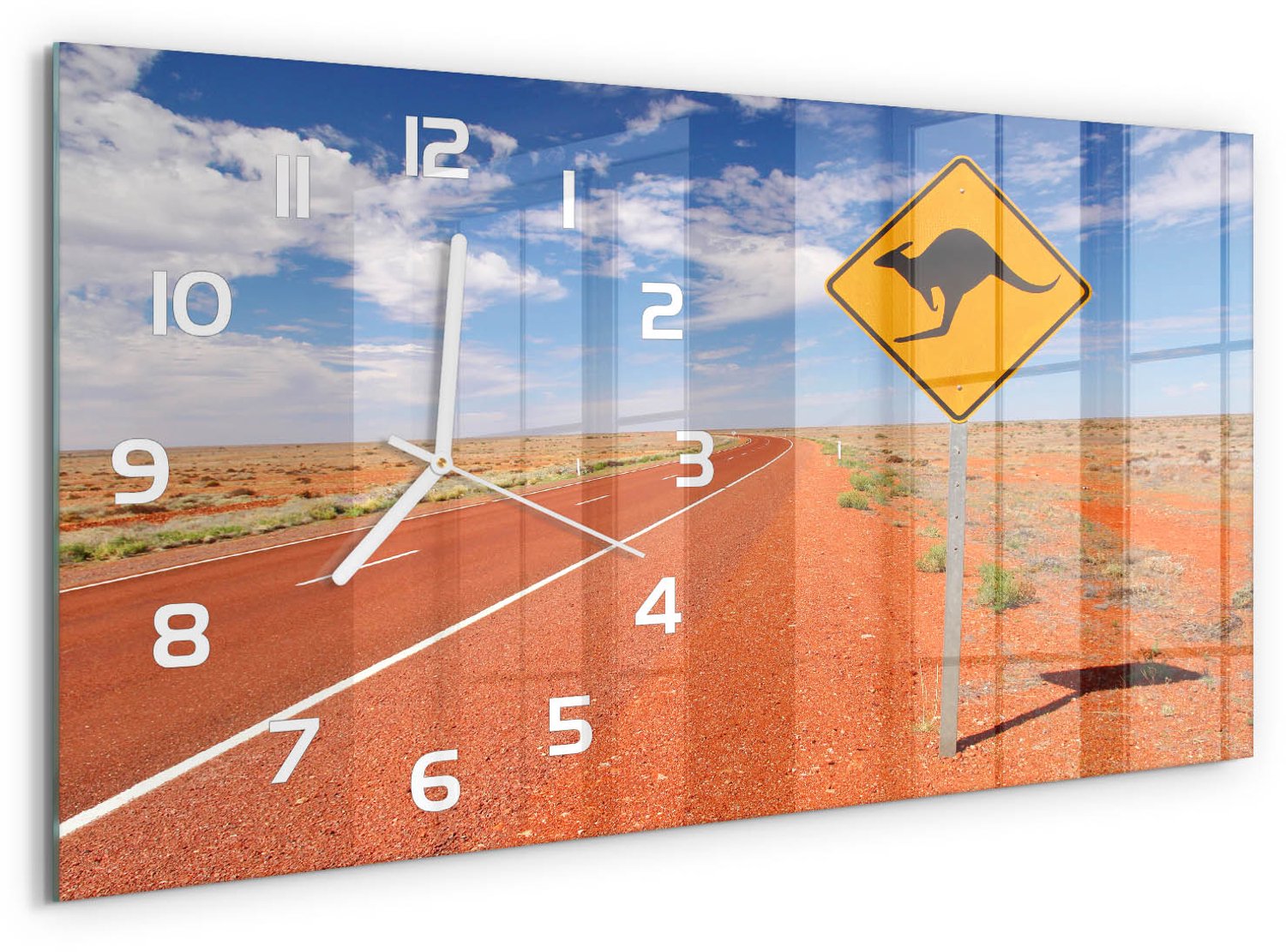 TULUP Wandklok - Weg in Australië Glazen Klok Met Print - 60x30 cm - Oranje Wandklok Glas Met Motief - Witte handen - Rechthoekige Klok - Wandklok Glas Decoratie - Gekleurde Glazen Klok