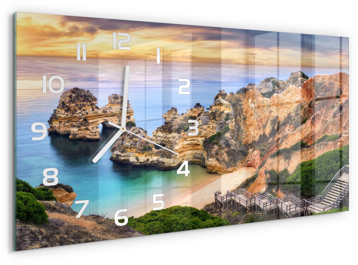 TULUP Wandklok - Lagos Portugal Gekleurde Glazen Klok - 60x30 cm - Veelkleurig Glazen Klok Met Print - Witte handen - Rechthoekige Klok - Moderne Wandklok Glas - Wandklok Glas Decoratie