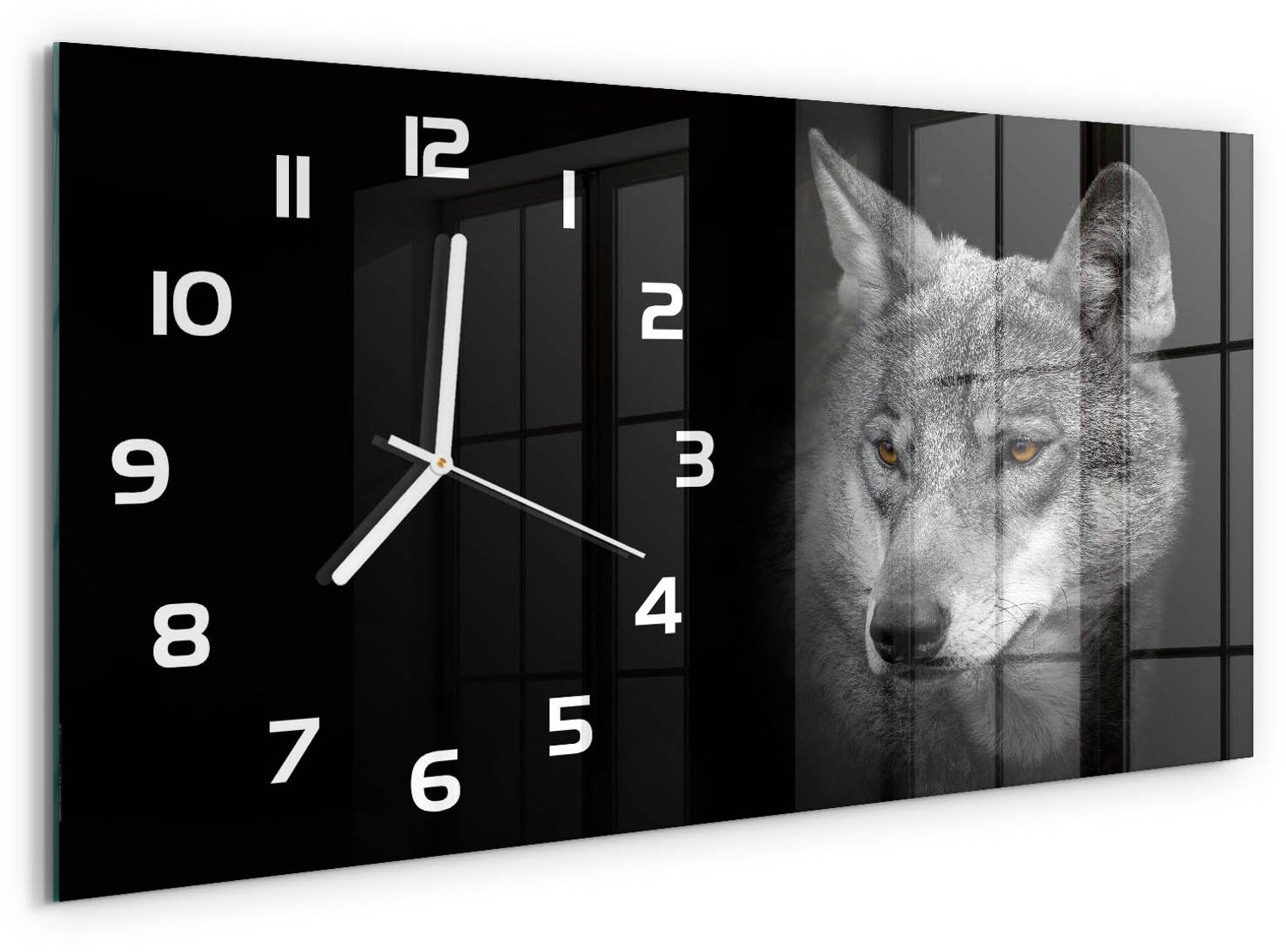 TULUP Wandklok - Wolf Wandklok Glas Met Motief - 60x30 cm - Grijs Decoratieve Glazen Klok - Witte handen - Rechthoekige Klok - Gekleurde Glazen Klok - Glazen Klok Met Print