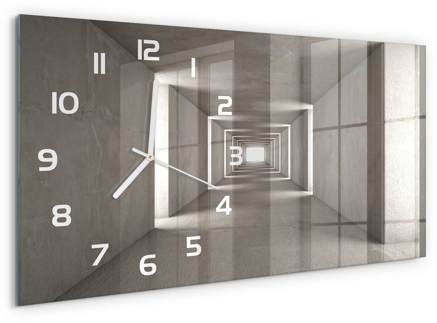 TULUP Wandklok - Betonnen tunnel Glazen Klok Met Print - 60x30 cm - Grijs Wandklok Glas Met Motief - Witte handen - Rechthoekige Klok - Wandklok Glas Decoratie - Gekleurde Glazen Klok
