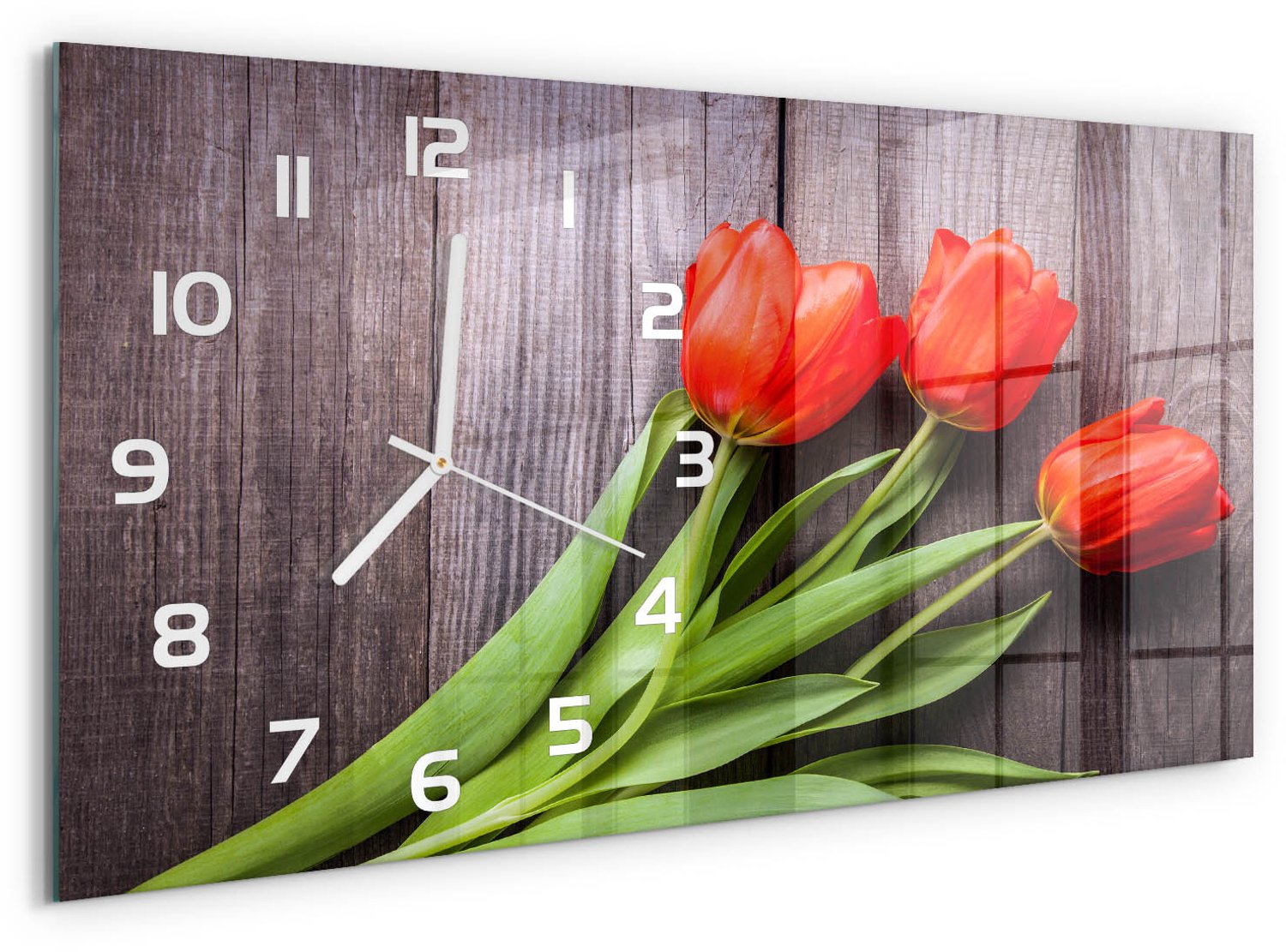 TULUP Wandklok - Rode tulpen Moderne Wandklok Glas - 60x30 cm - Rood Wandklok Glas Decoratie - Witte handen - Rechthoekige Klok - Glazen Wandklok Design - Klok Glas Met Opdruk