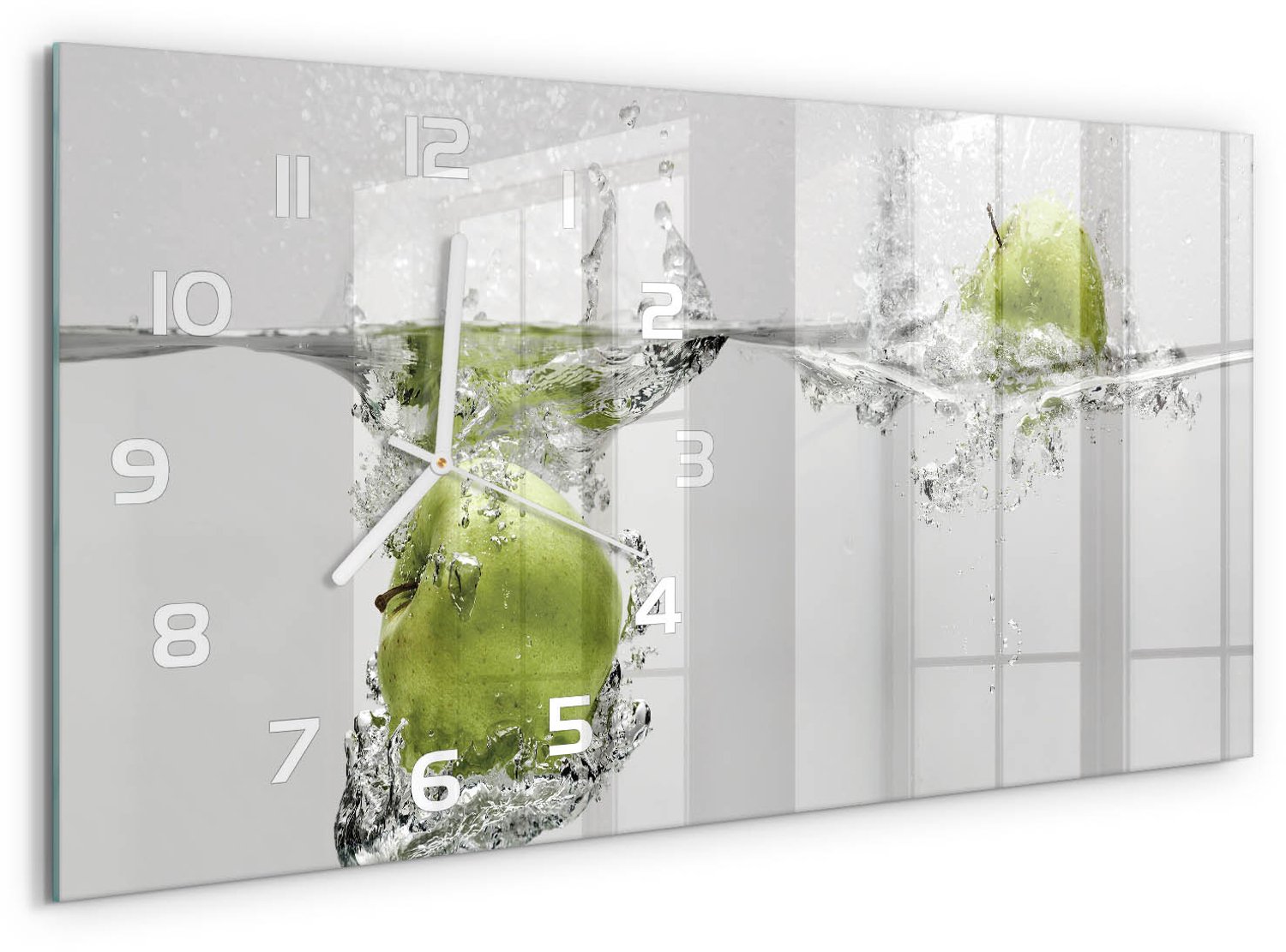 TULUP Wandklok - Appel onder water Moderne Wandklok Glas - 60x30 cm - Groente Wandklok Glas Decoratie - Witte handen - Rechthoekige Klok - Glazen Wandklok Design - Klok Glas Met Opdruk