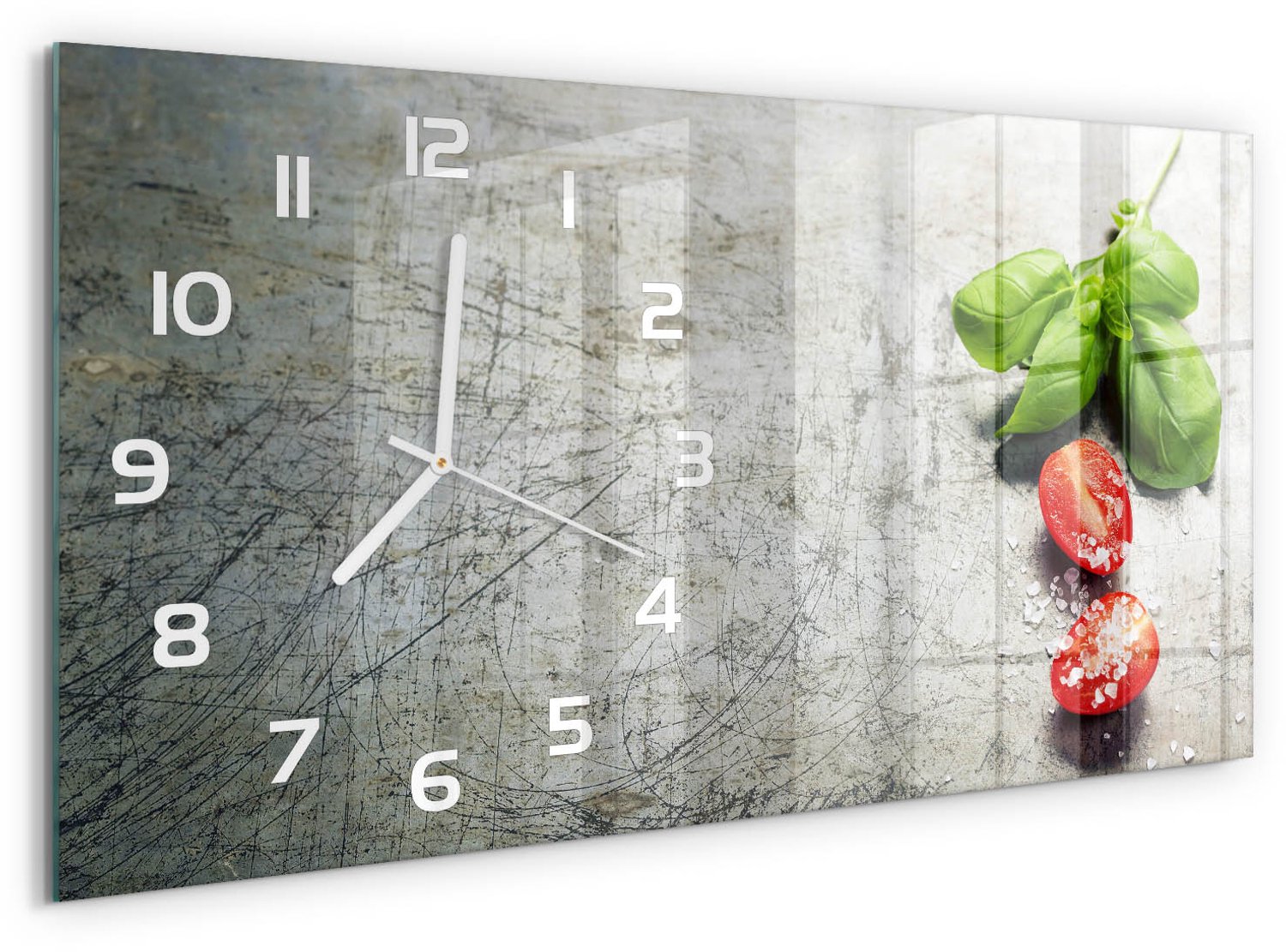 TULUP Wandklok - Tomaten en basilicum Wandklok Glas Decoratie - 60x30 cm - Rood Gekleurde Glazen Klok - Witte handen - Rechthoekige Klok - Klok Glas Met Opdruk - Moderne Wandklok Glas