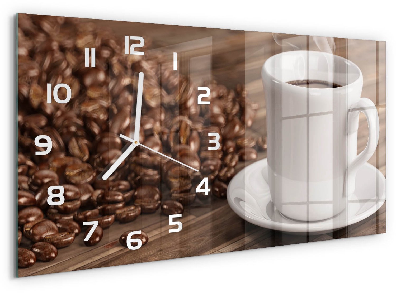 TULUP Wandklok - Kopje koffie Klok Glas Met Opdruk - 60x30 cm - Bruin Moderne Wandklok Glas - Witte handen - Rechthoekige Klok - Decoratieve Glazen Klok - Glazen Wandklok Design