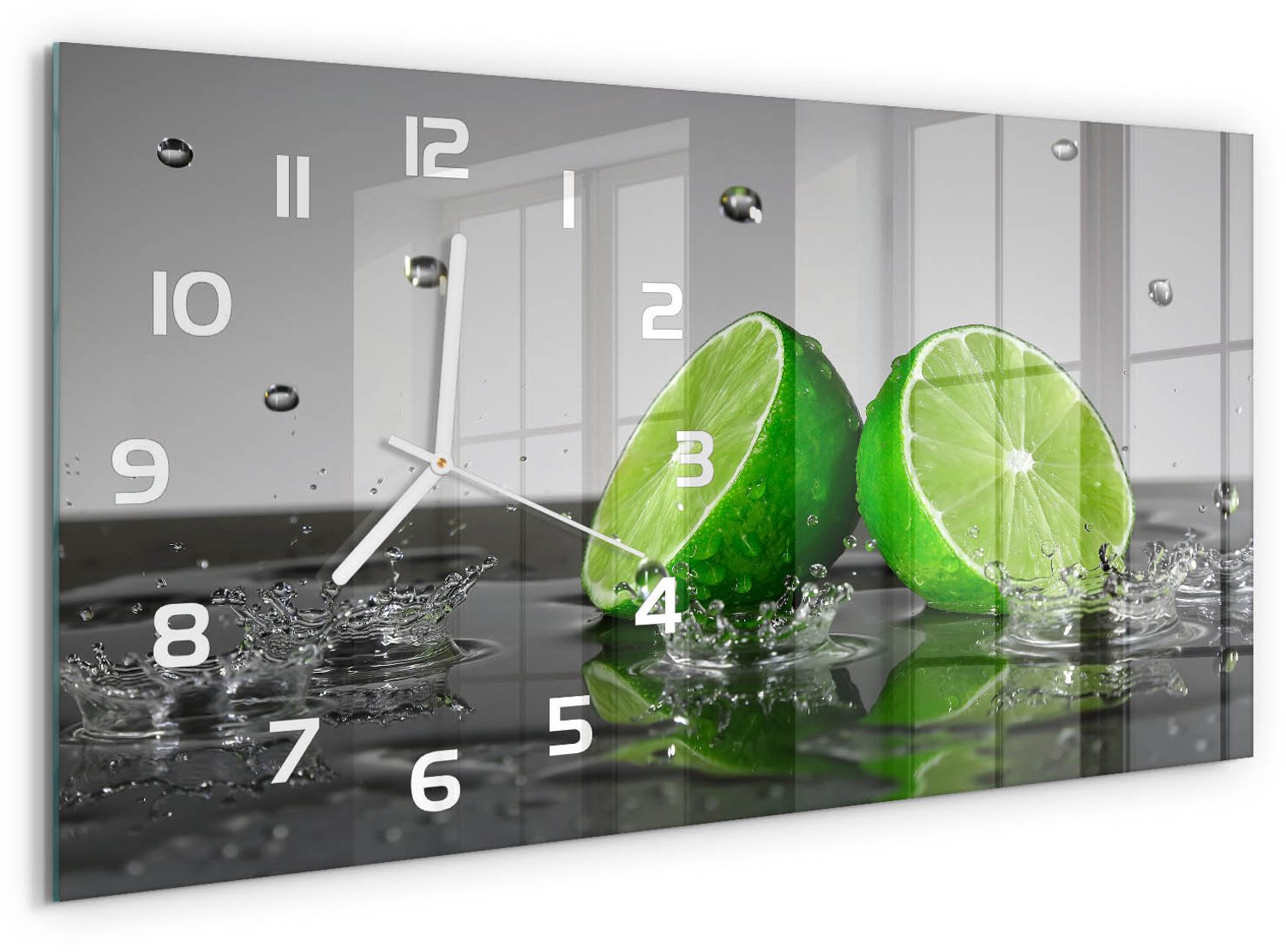 TULUP Wandklok - Kalk in water Klok Glas Met Opdruk - 60x30 cm - Groente Moderne Wandklok Glas - Witte handen - Rechthoekige Klok - Decoratieve Glazen Klok - Glazen Wandklok Design