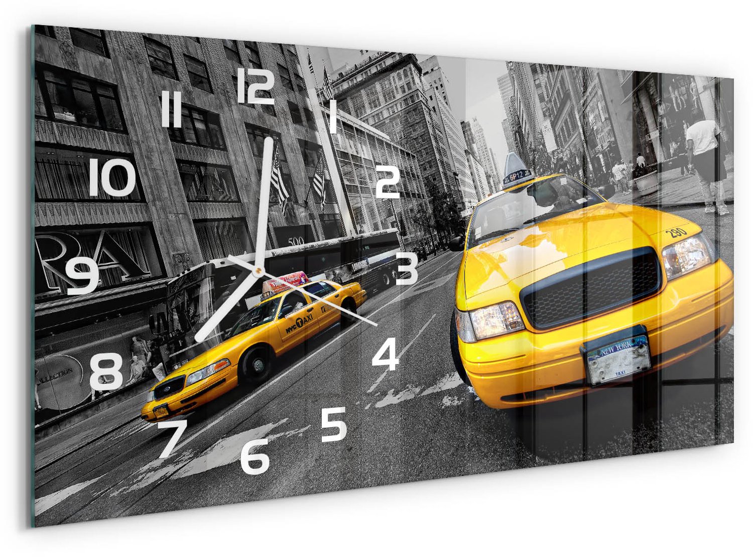 TULUP Wandklok - Taxi in New York Wandklok Glas Met Motief - 60x30 cm - Geel Decoratieve Glazen Klok - Witte handen - Rechthoekige Klok - Gekleurde Glazen Klok - Glazen Klok Met Print