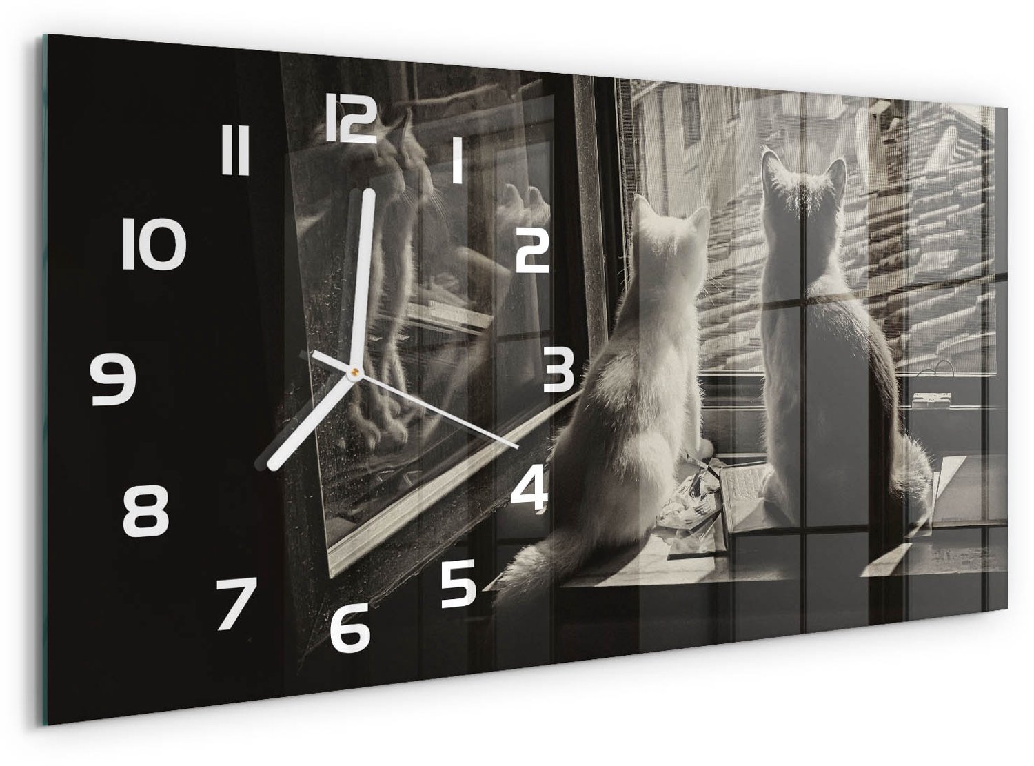 TULUP Wandklok - Katten door het raam Moderne Wandklok Glas - 60x30 cm - Zwart-wit Wandklok Glas Decoratie - Witte handen - Rechthoekige Klok - Glazen Wandklok Design - Klok Glas Met Opdruk
