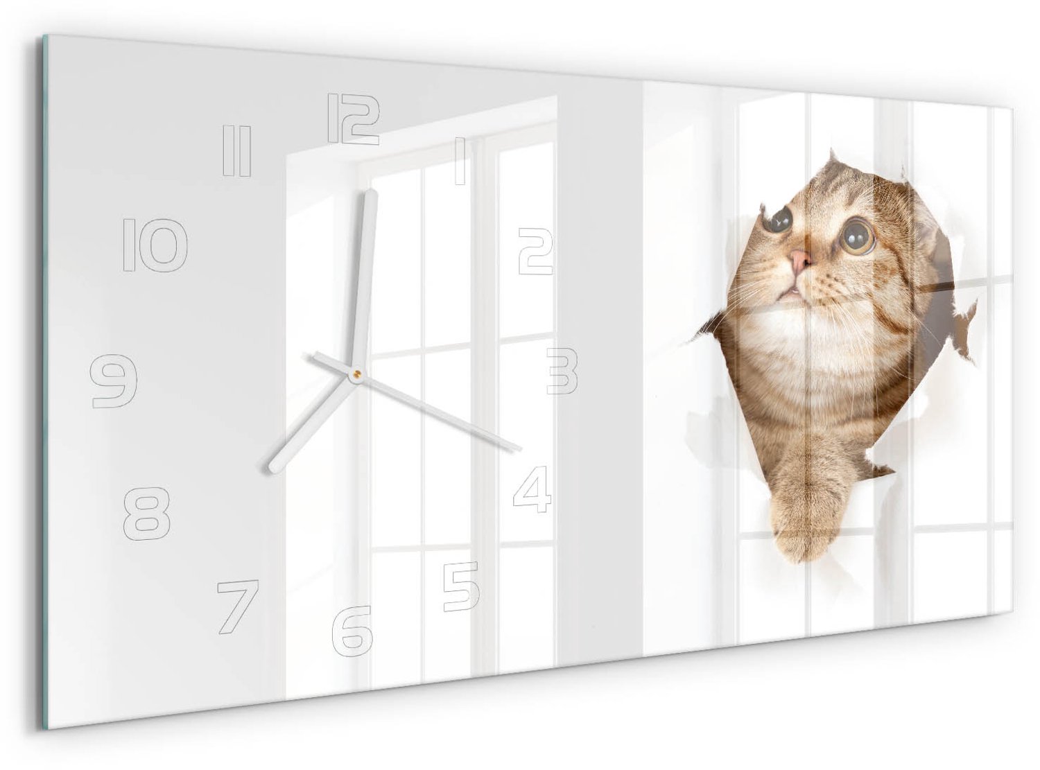 TULUP Wandklok - Kat Wandklok Glas Decoratie - 60x30 cm - Beige Gekleurde Glazen Klok - Witte handen - Rechthoekige Klok - Klok Glas Met Opdruk - Moderne Wandklok Glas