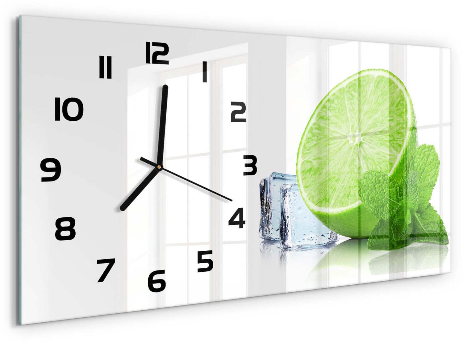 TULUP Wandklok - Limoen met ijs Klok Glas Met Opdruk - 60x30 cm - Groente Moderne Wandklok Glas - Zwarte handen - Rechthoekige Klok - Decoratieve Glazen Klok - Glazen Wandklok Design