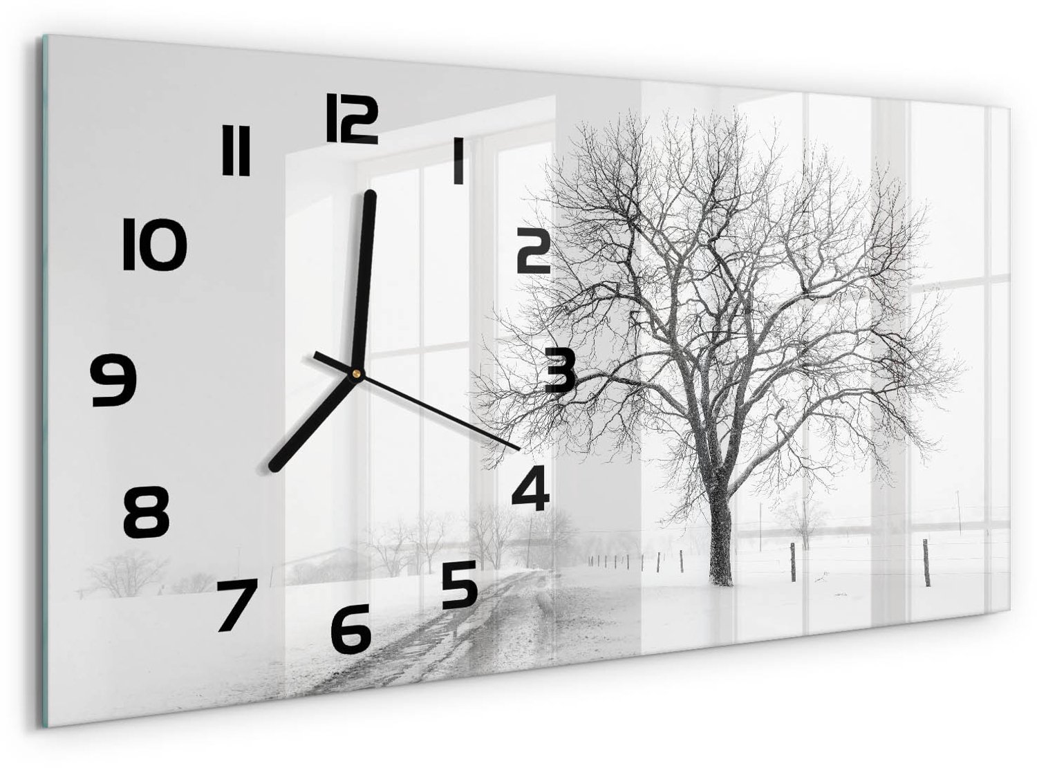 TULUP Wandklok - Winterboom Wandklok Glas Met Motief - 60x30 cm - Wit Decoratieve Glazen Klok - Zwarte handen - Rechthoekige Klok - Gekleurde Glazen Klok - Glazen Klok Met Print