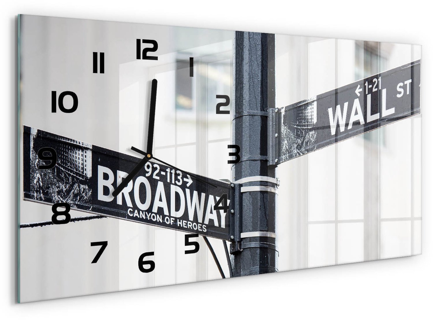 TULUP Wandklok - Wall Street-bord Glazen Klok Met Print - 60x30 cm - Zwart-wit Wandklok Glas Met Motief - Zwarte handen - Rechthoekige Klok - Wandklok Glas Decoratie - Gekleurde Glazen Klok