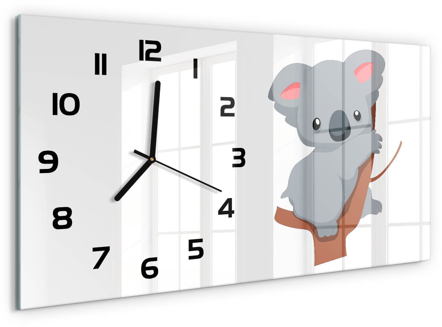 TULUP Wandklok - Koala in een boom Decoratieve Glazen Klok - 60x30 cm - Grijs Glazen Wandklok Design - Zwarte handen - Rechthoekige Klok - Glazen Klok Met Print - Wandklok Glas Met Motief
