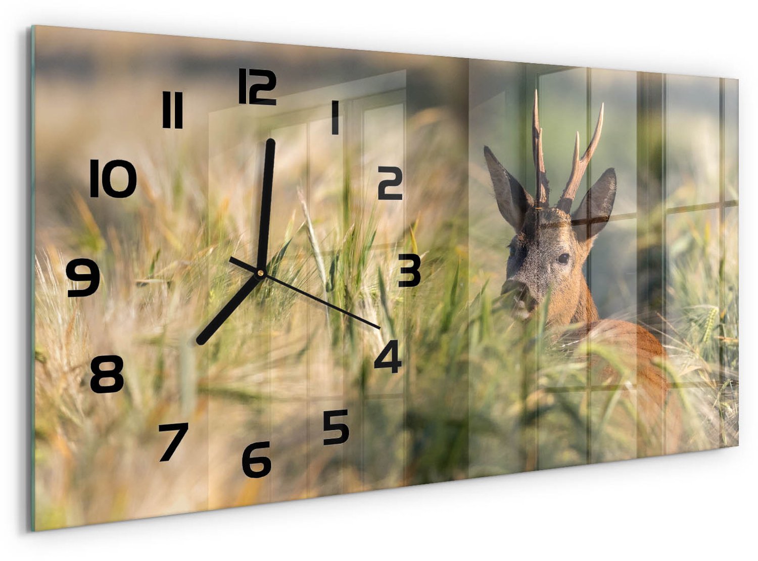 TULUP Wandklok - Hert in het veld Moderne Wandklok Glas - 60x30 cm - Bruin Wandklok Glas Decoratie - Zwarte handen - Rechthoekige Klok - Glazen Wandklok Design - Klok Glas Met Opdruk