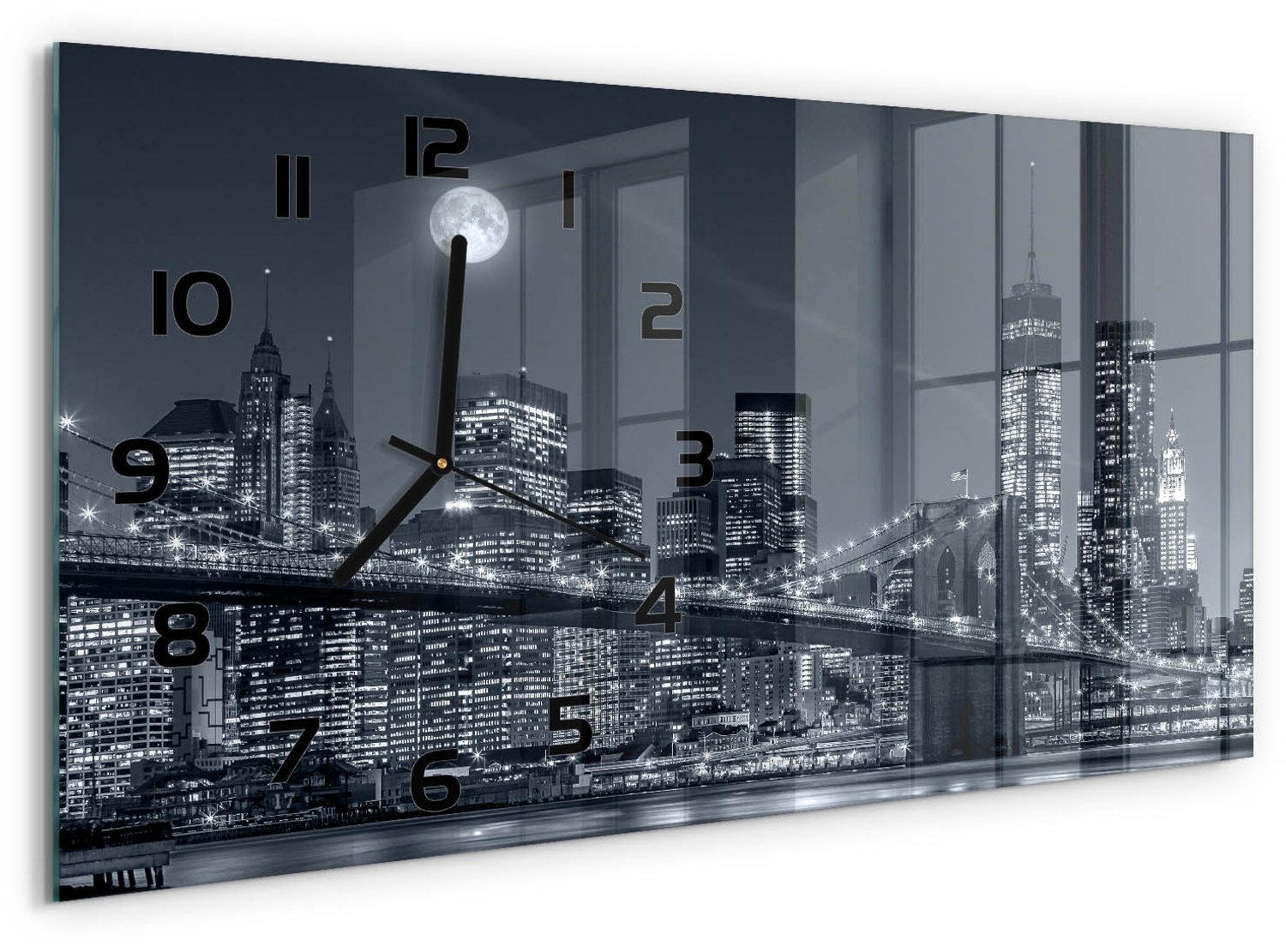 TULUP Wandklok - Manhattan, New York Moderne Wandklok Glas - 60x30 cm - Zwart-wit Wandklok Glas Decoratie - Zwarte handen - Rechthoekige Klok - Glazen Wandklok Design - Klok Glas Met Opdruk