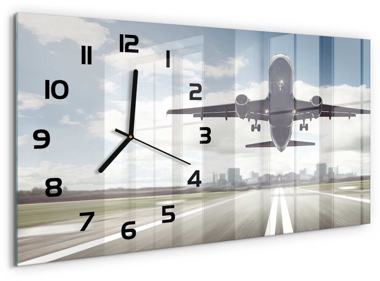 TULUP Wandklok - Het vliegtuig stijgt op. Gekleurde Glazen Klok - 60x30 cm - Grijs Glazen Klok Met Print - Zwarte handen - Rechthoekige Klok - Moderne Wandklok Glas - Wandklok Glas Decoratie