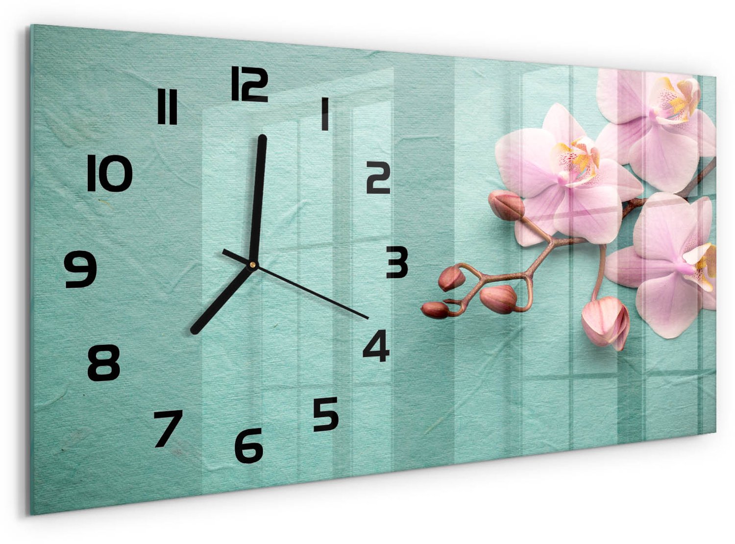 TULUP Wandklok - Orchidee Glazen Wandklok Design - 60x30 cm - Roze Klok Glas Met Opdruk - Zwarte handen - Rechthoekige Klok - Wandklok Glas Met Motief - Decoratieve Glazen Klok