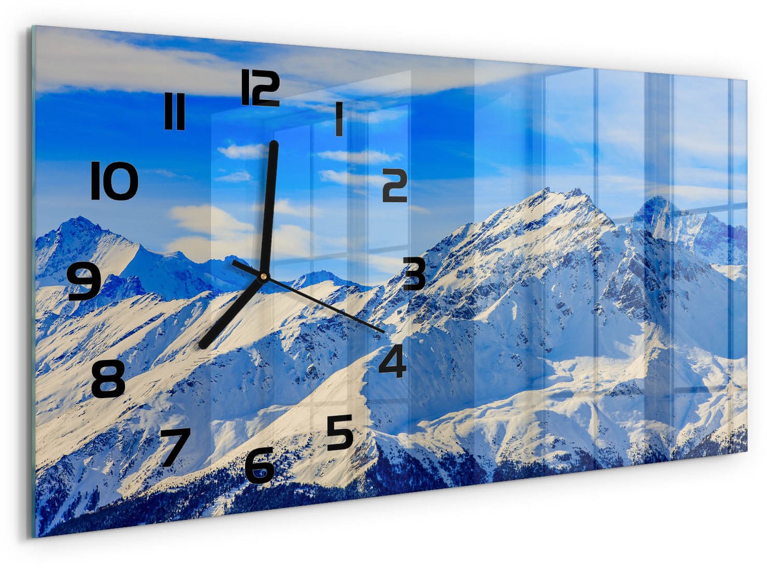 TULUP Wandklok - Bergen in de winter Moderne Wandklok Glas - 60x30 cm - Blauw Wandklok Glas Decoratie - Zwarte handen - Rechthoekige Klok - Glazen Wandklok Design - Klok Glas Met Opdruk