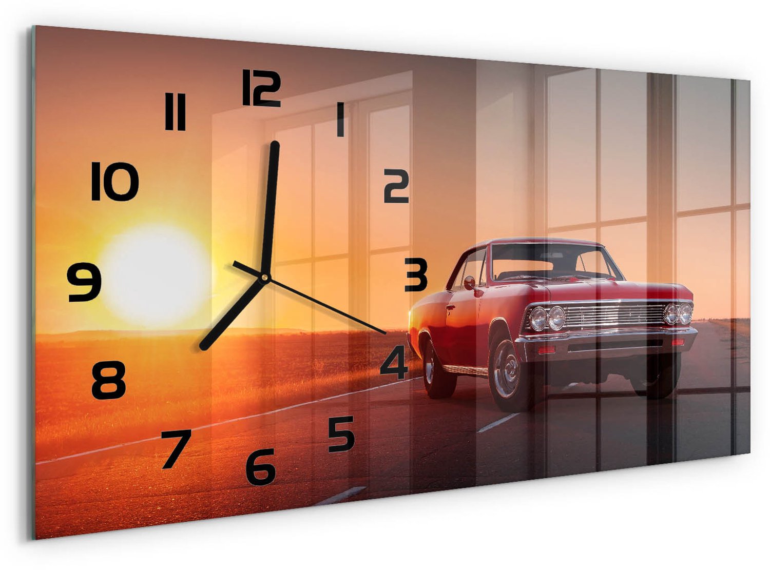 TULUP Wandklok - Rode auto Glazen Klok Met Print - 60x30 cm - Rood Wandklok Glas Met Motief - Zwarte handen - Rechthoekige Klok - Wandklok Glas Decoratie - Gekleurde Glazen Klok