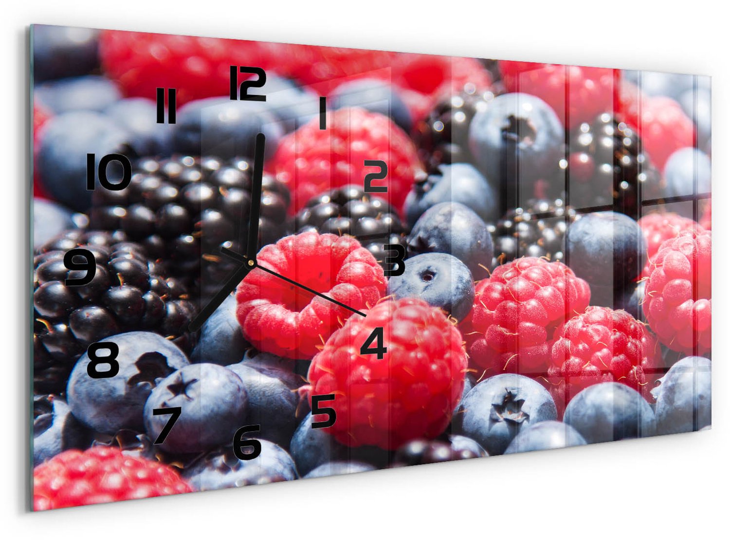 TULUP Wandklok - Bosvruchten Decoratieve Glazen Klok - 60x30 cm - Rood Glazen Wandklok Design - Zwarte handen - Rechthoekige Klok - Glazen Klok Met Print - Wandklok Glas Met Motief