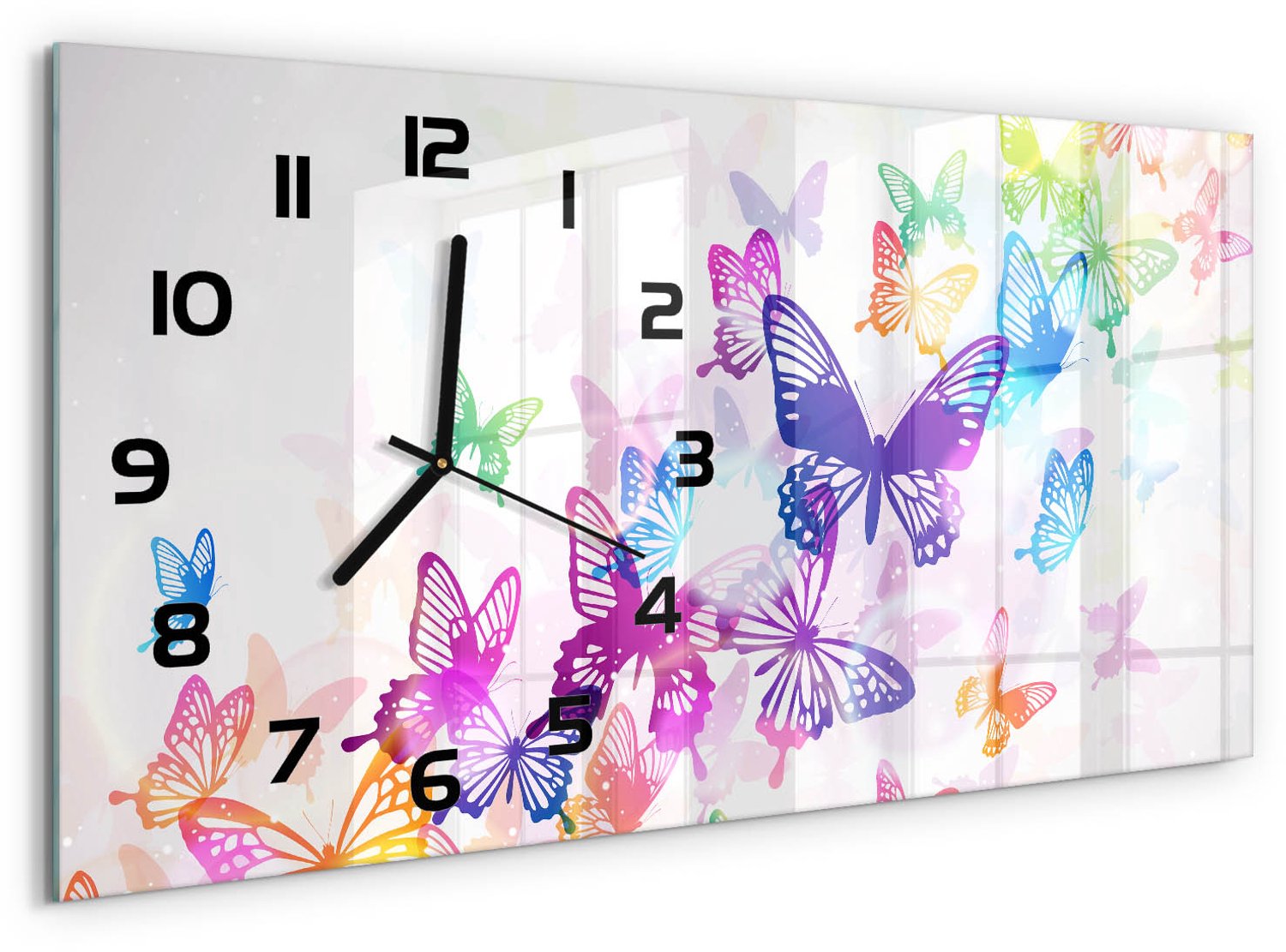 TULUP Wandklok - Kleurrijke vlinders Glazen Klok Met Print - 60x30 cm - Veelkleurig Wandklok Glas Met Motief - Zwarte handen - Rechthoekige Klok - Wandklok Glas Decoratie - Gekleurde Glazen Klok
