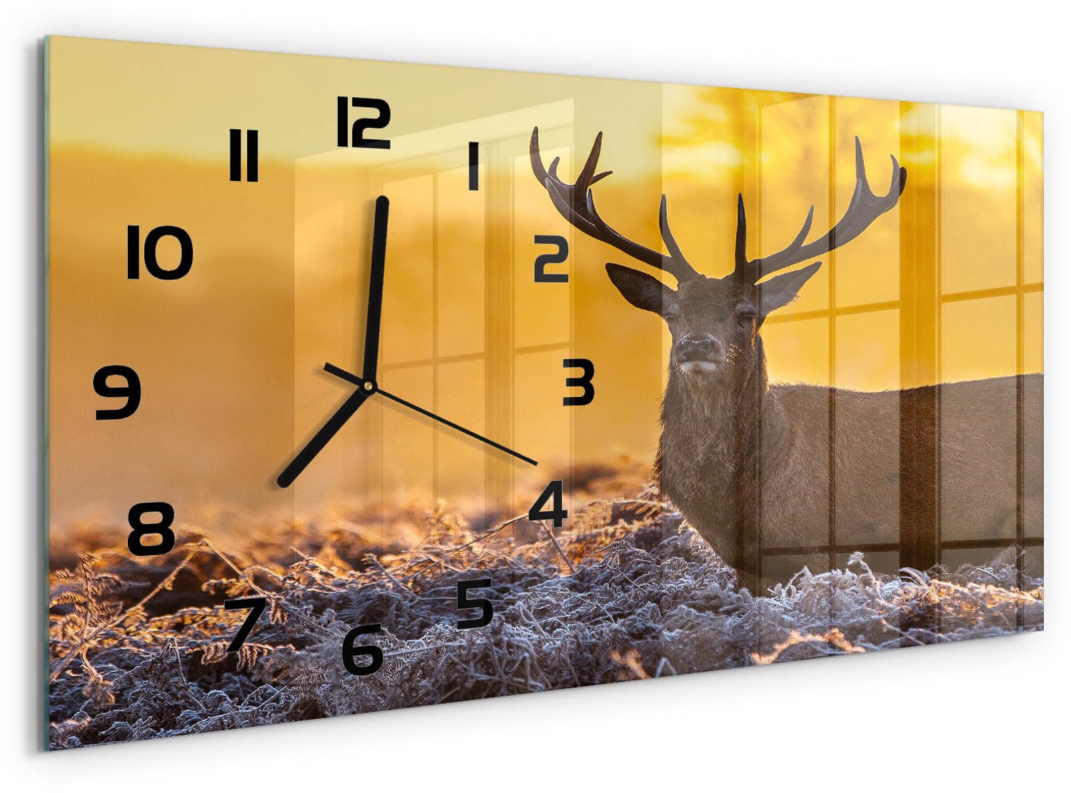 TULUP Wandklok - Zonsopgang boven de herten Wandklok Glas Met Motief - 60x30 cm - Oranje Decoratieve Glazen Klok - Zwarte handen - Rechthoekige Klok - Gekleurde Glazen Klok - Glazen Klok Met Print