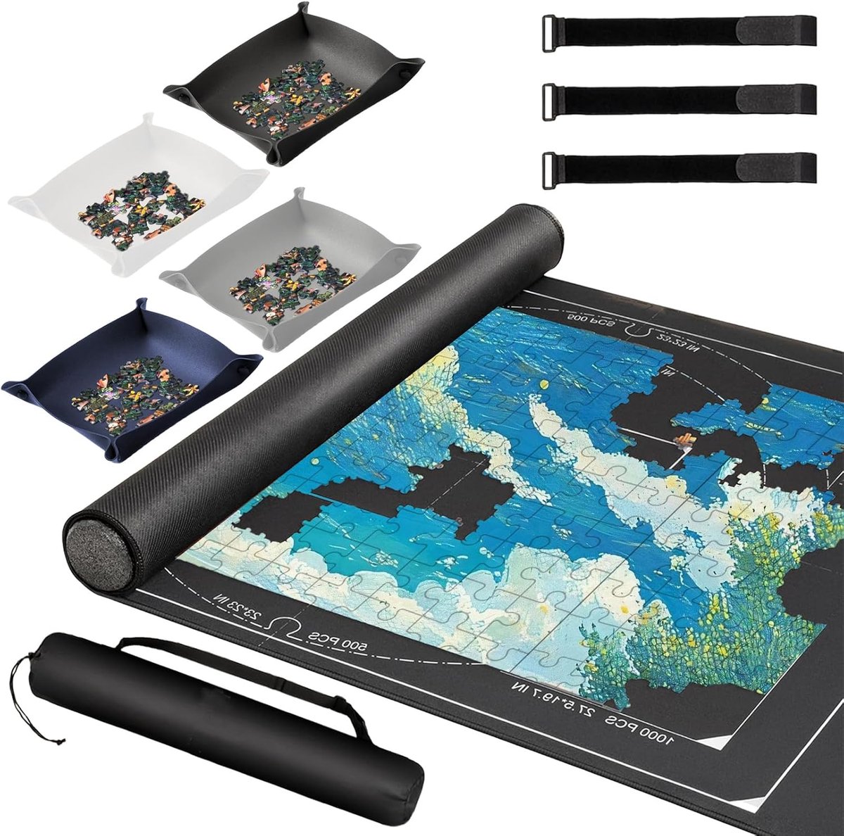 3 mm dikke puzzelmat, puzzelrol, puzzelmatten voor puzzels tot 1500 antislip mat met sorteervakken, draagbare mat, rol met opbergtas, tapijt voor puzzelfans