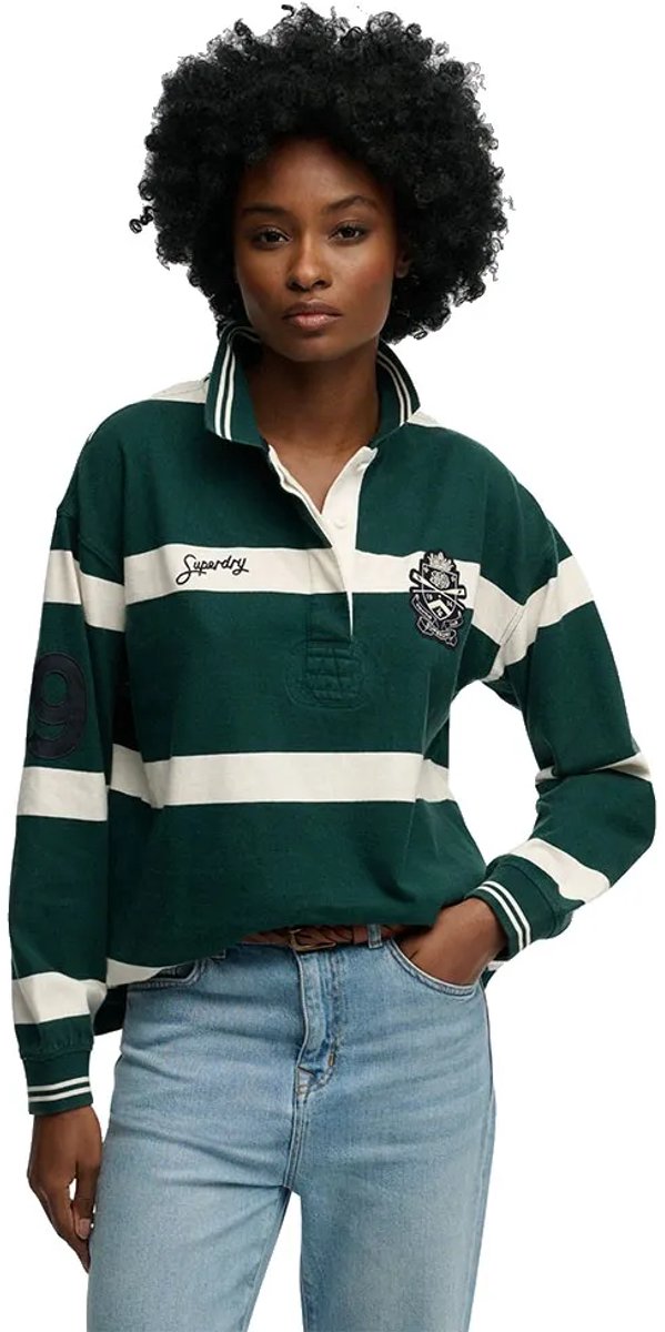 Superdry Crest Stripe Rugby Top Dames Lange mouwen shirts Dennengroen/ecru