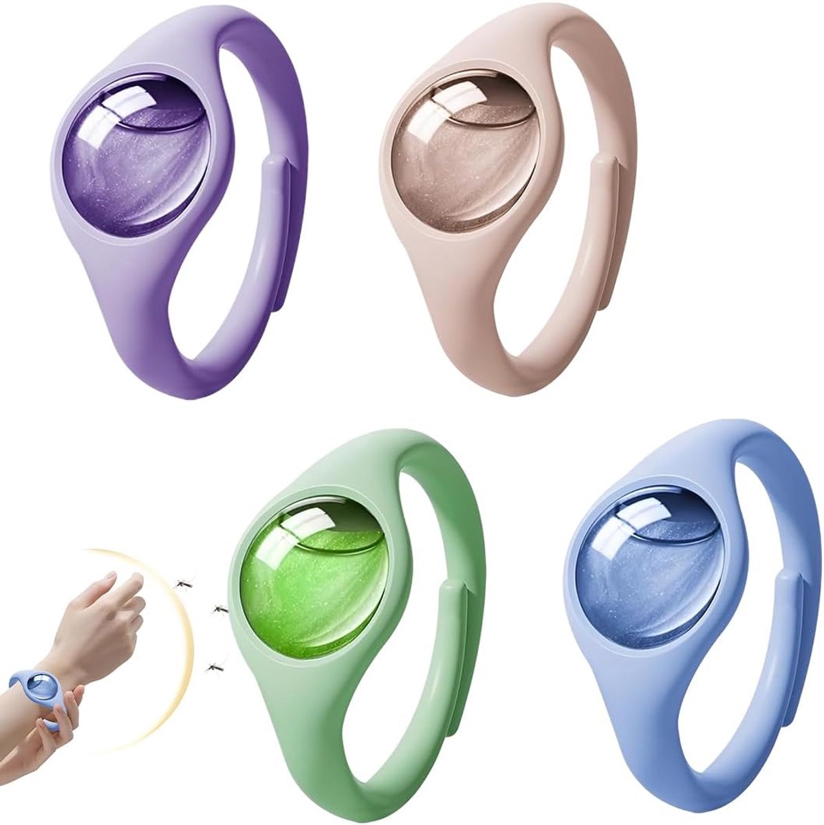 4-delige armband (blauw/paars/roze/groen), vloeistofhoudend, ideaal voor kinderen en volwassenen tijdens buitenactiviteiten