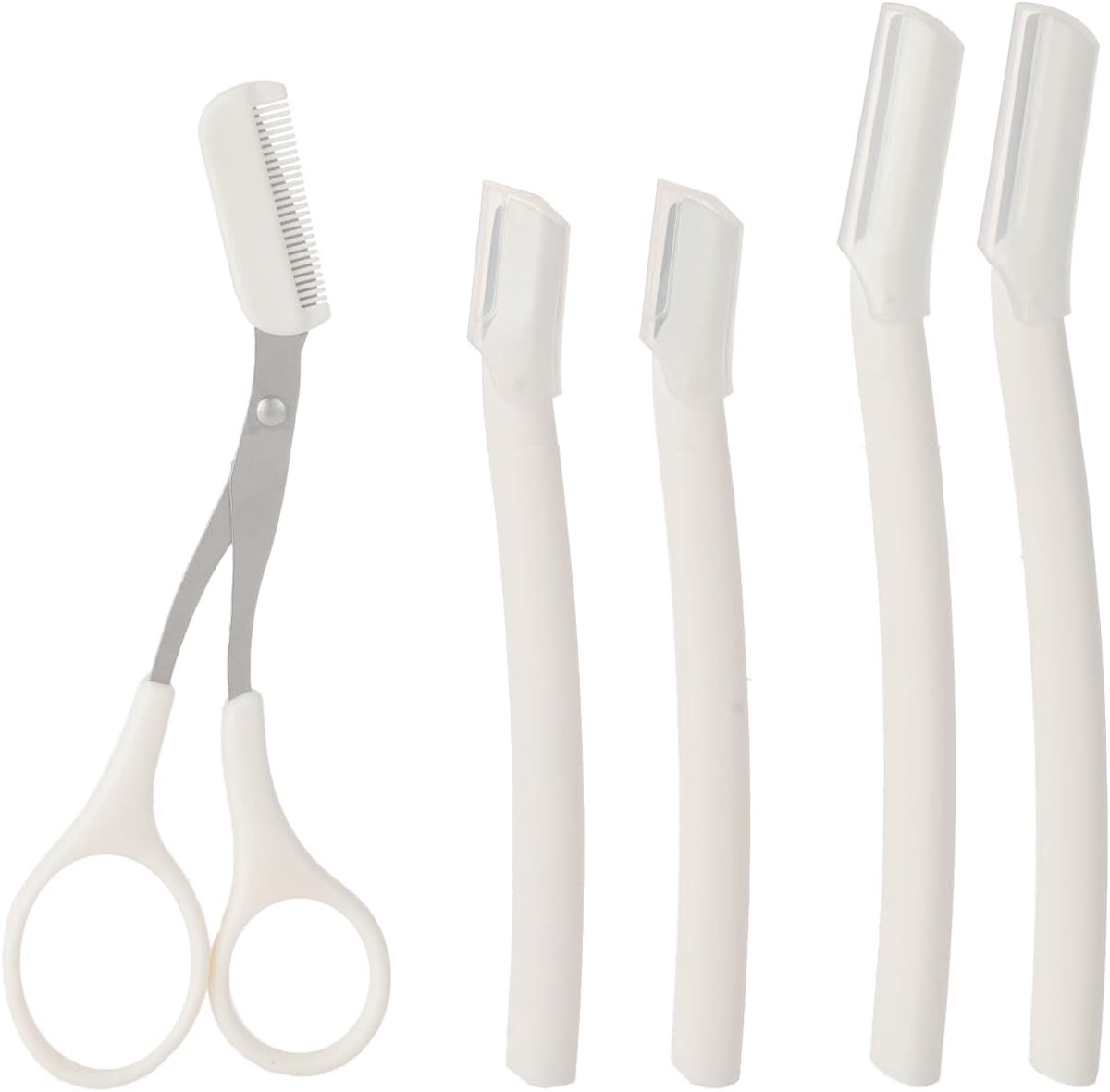 Set van 5 wenkbrauwverzorgingsset, wenkbrauwscheermes, dermaplaning-scheerapparaat en wenkbrauwschaar met kam, precisiekoolstofstalen messen, voor dames en heren, wit