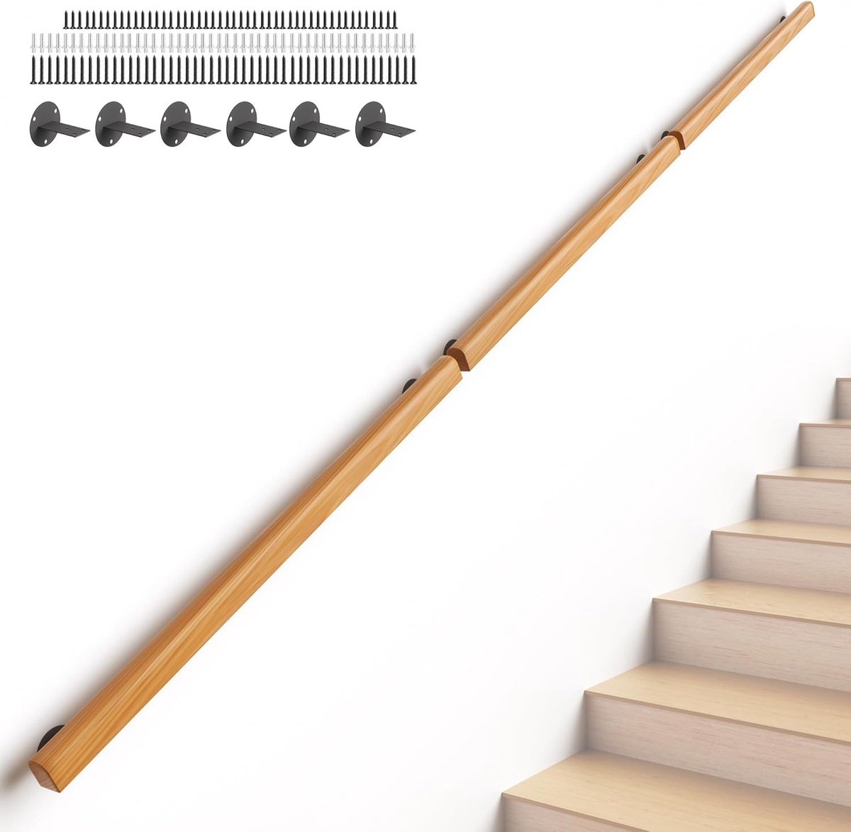 3 m antislip houten leuning voor binnentrappen, leuning van massief hout, veilige steunleuning voor senioren, kinderen en kleuterscholen, voor binnen en buiten, hal, zolder, terras (3 stuks)