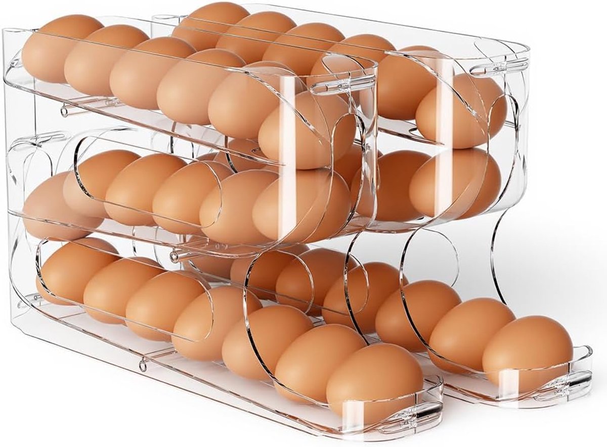 Transparante eierhouder voor koelkast, automatische rollende eierdispenser voor eieren 36 stuks, FIFO-ontwerp, ruimtebesparende eierroller, organizer, container, opslag voor koelkast en