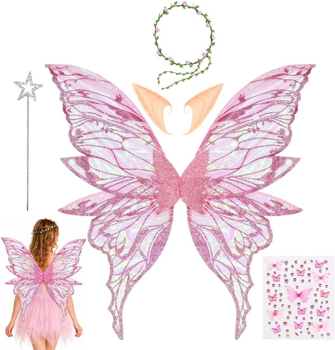 Feeënkostuum voor kinderen en volwassenen, vlindervleugels met haarband, sterrentoverstaf en elfenoren, cosplay-kostuum voor Halloween, Kerstmis, carnaval en feestjes