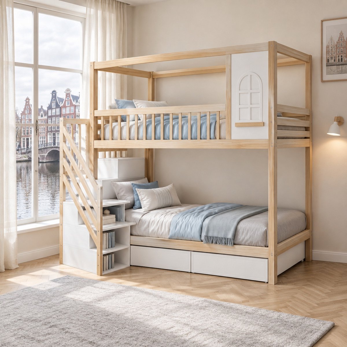 WUVRIE Stapelbed 90x200 cm in huisvorm met veiligheidshek, traplades en 2 opberglades, naturel hout Natuurlijk hout