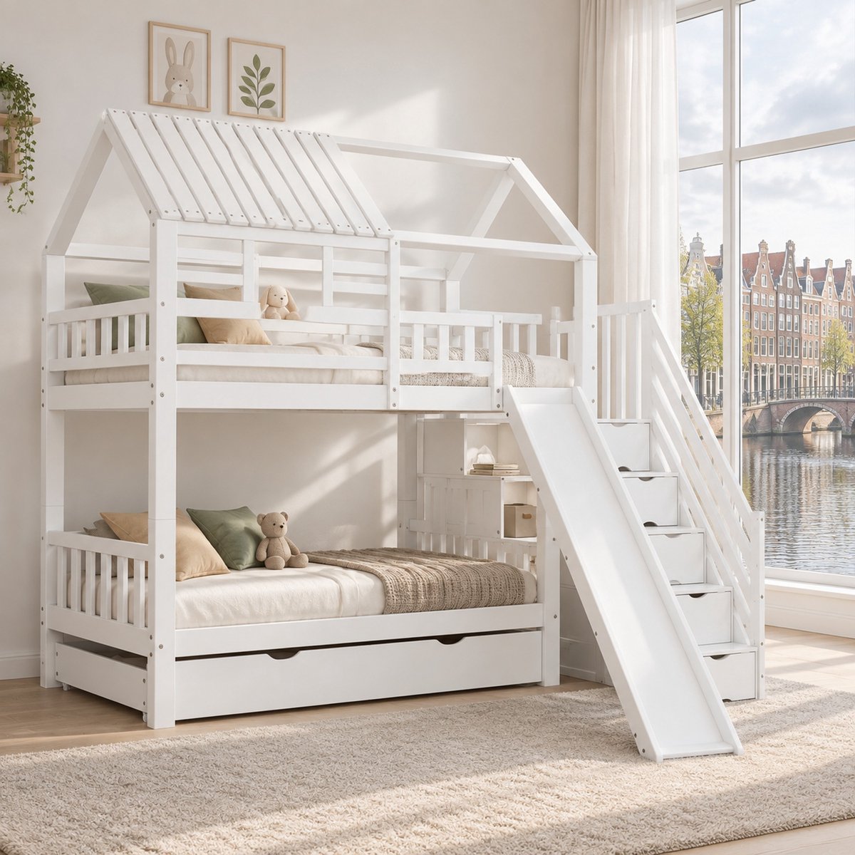 WUVRIE Huis-stapelbed 90x200 cm met opbergtrap, glijbaan, bedlade en uitvalbeveiliging, wit