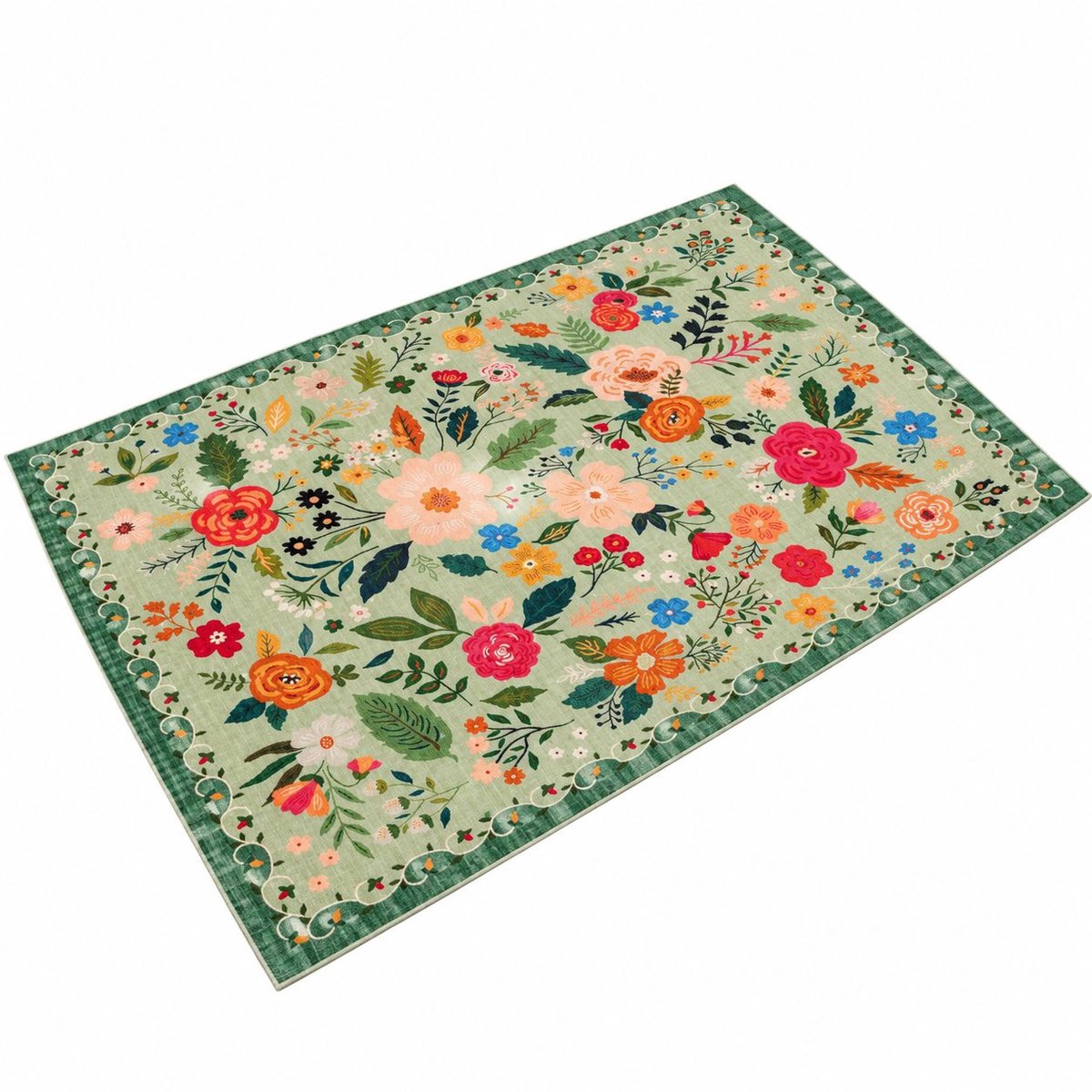 VHV - Deurmat - Machinewasbaar - Antislip laagpolig vloerkleed - 80 cm - Groen - Vintage patroon - Boho-stijl - in de keuken
