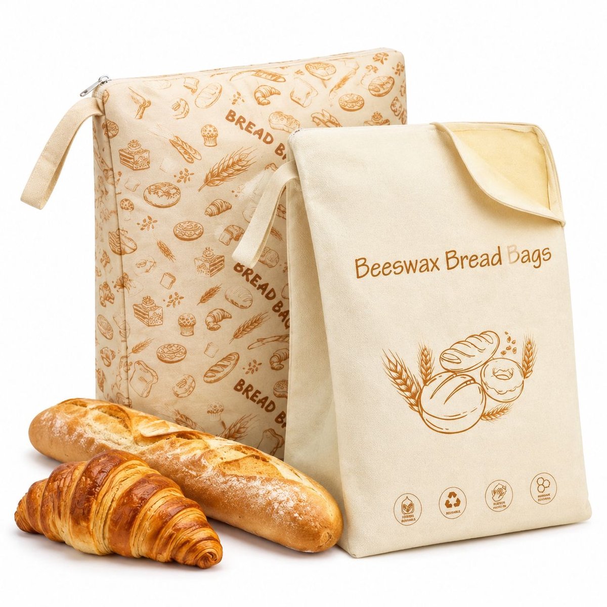 VHV - Bijenwas broodzakken - 2 stuks - Groot en draagbaar - 32 cm - Beige - Natuurlijke bijenwas - voor zelfgebakken brood en zuurdesembrood